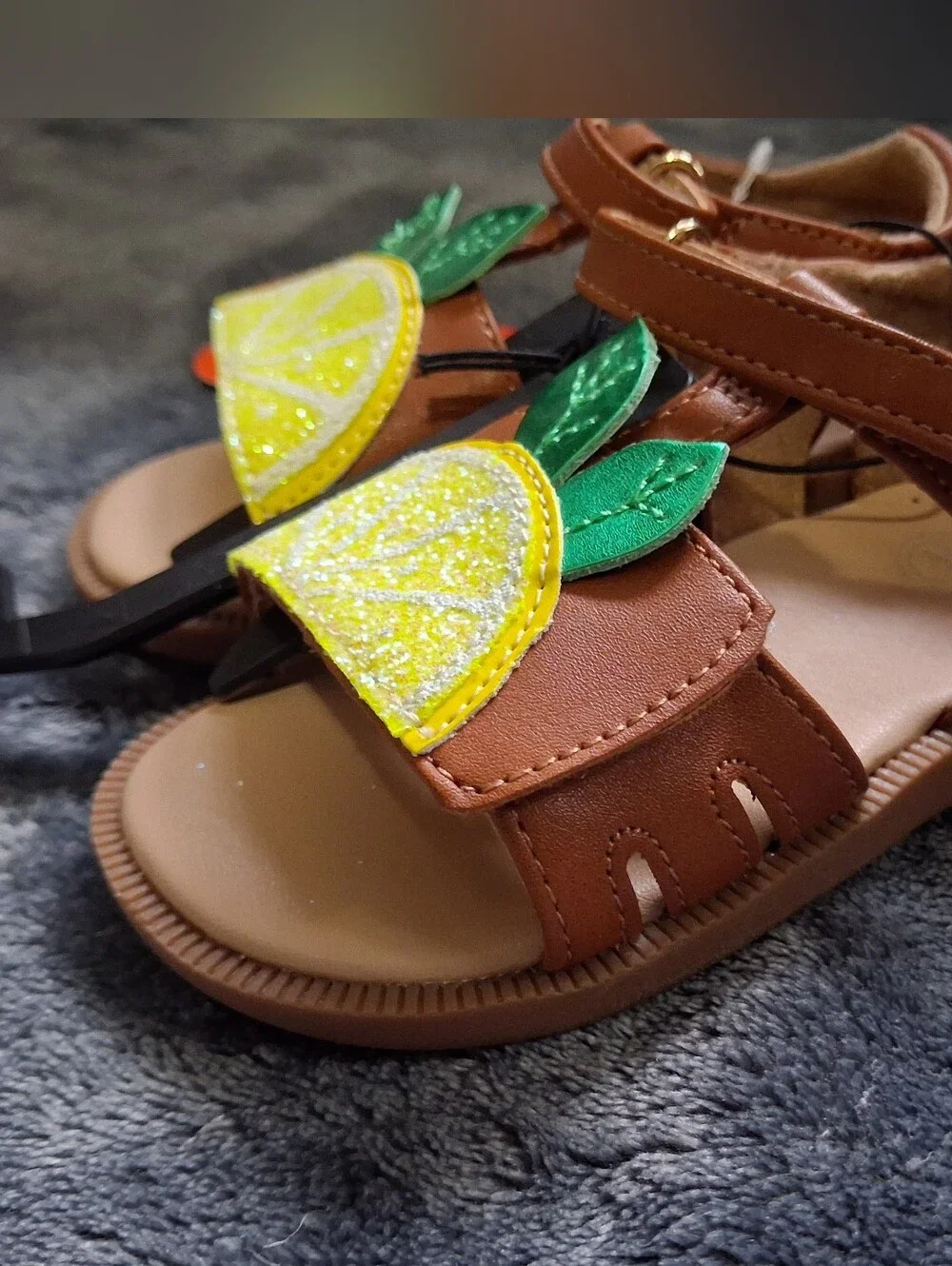 NWT Wonder Nation Lemon Fruit Glitter Strappy Sandals Brown/Yellow Girls Size 6